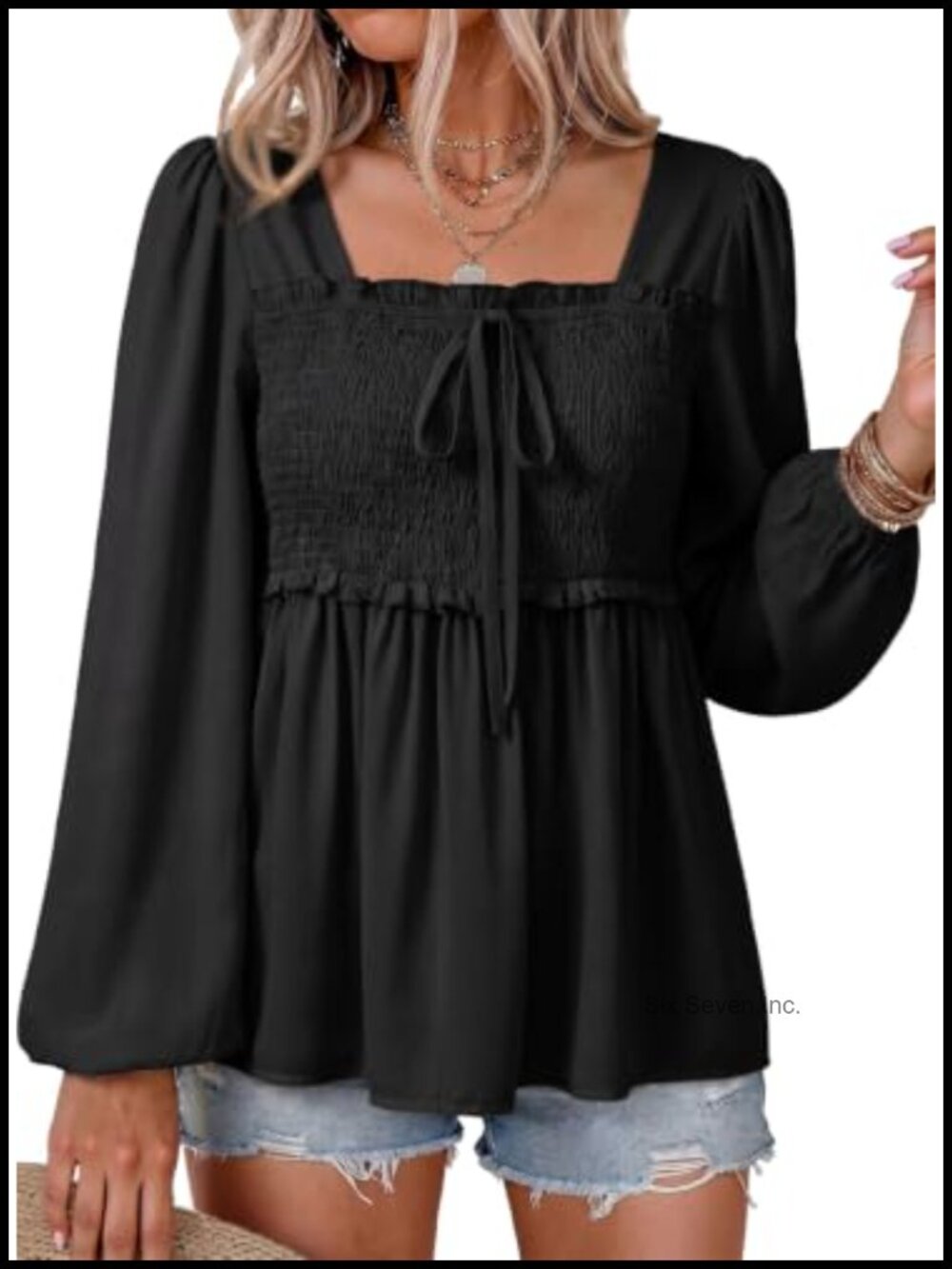 Long Sleeve Square Neck Smocked Ruffle Peplum Blouse